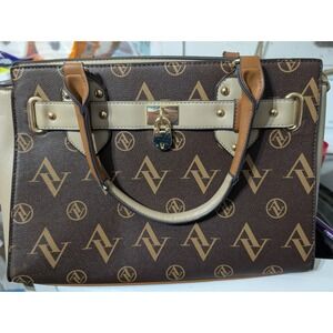 Adrienne Vittadini Womens Monogram Satchel Handbag Brown Tan Gold Hardware AV